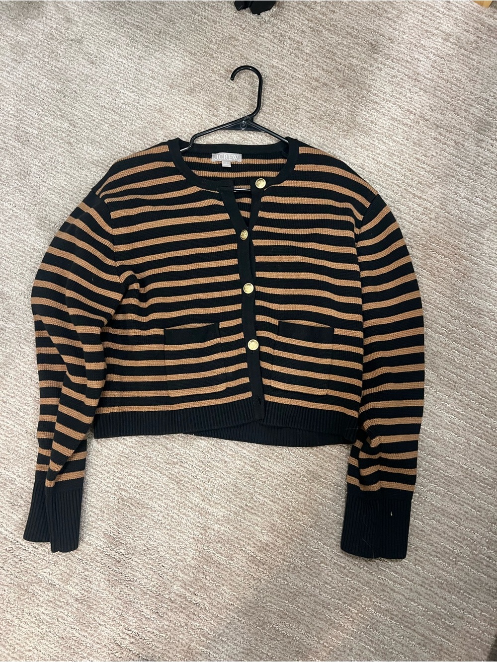 J. Crew Black and Tan Striped Cropped Cardigan